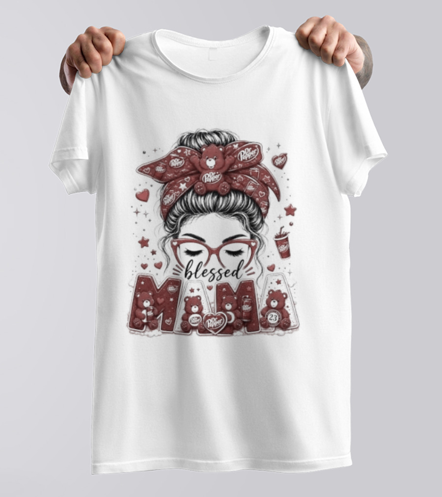 Messy Bun Dr Pepper Blessed Mama Glasses And Bandana T-Shirt