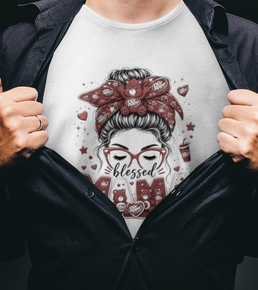 Messy Bun Dr Pepper Blessed Mama Glasses And Bandana T-Shirt