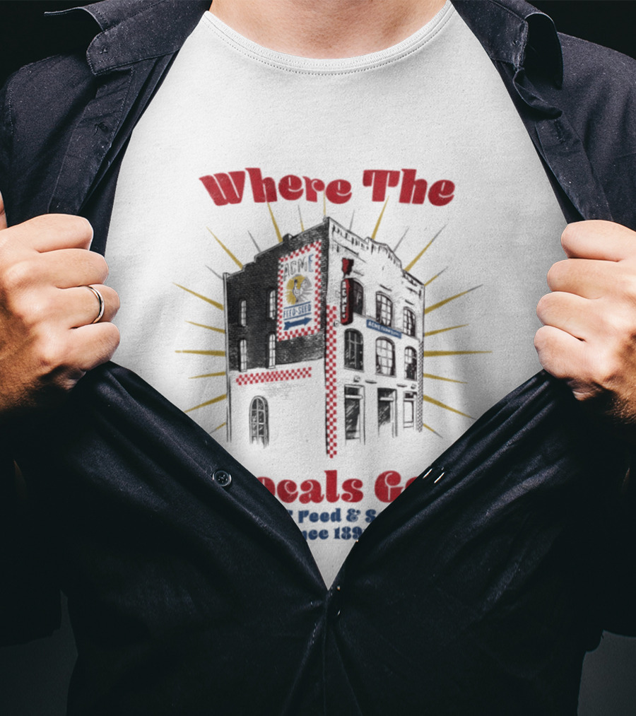 Where The Locals Go ACME Feed And Seed Since 1891 Retro Building Sunburst T-Shirt