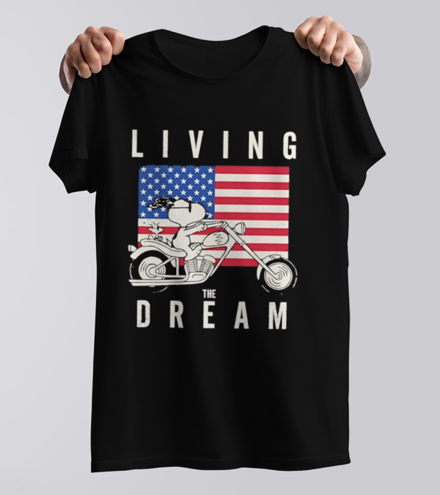 Living The Dream Snoopy Woodstock Motorcycle American Flag Peanuts T-Shirt