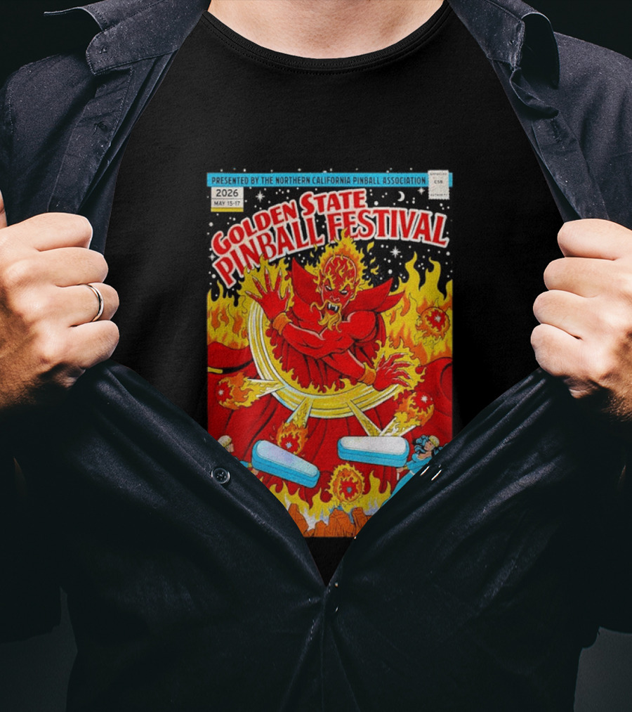 Golden State Pinball Festival Northern California May 2026 Fire Demon Battle T-Shirt