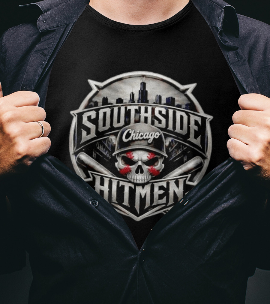 Southside Chicago Hitmen Skull Baseball Bats City Skyline T-Shirt