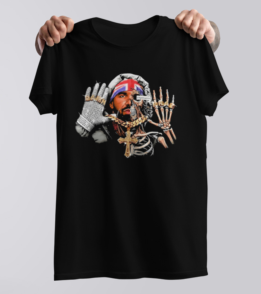 Damn Pray Skeleton Half Face Union Jack Diamond Glove Cross Necklace T-Shirt