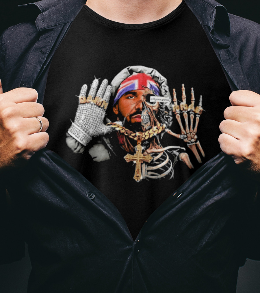 Damn Pray Skeleton Half Face Union Jack Diamond Glove Cross Necklace T-Shirt