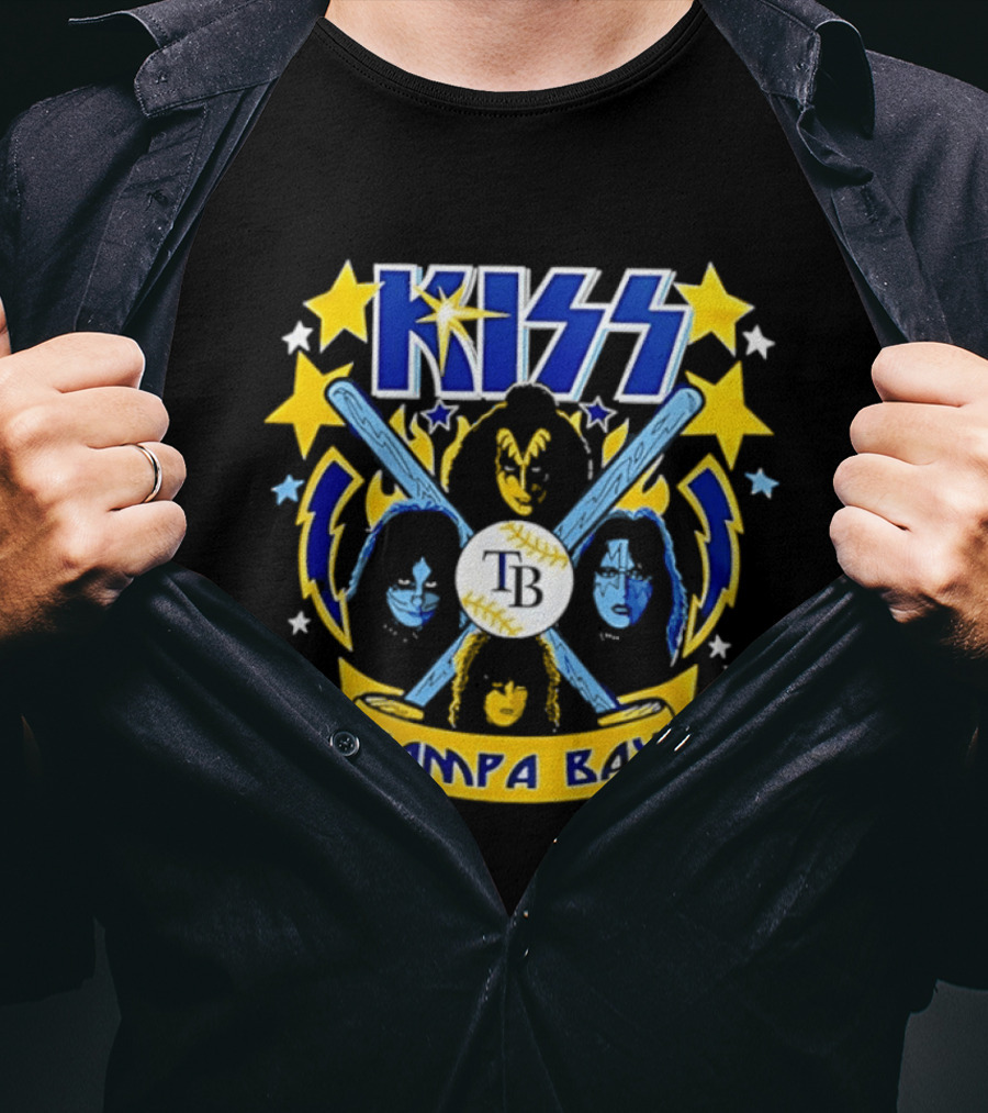 KISS Tampa Bay Baseball Bats Stars Lightning Blue Yellow T-Shirt