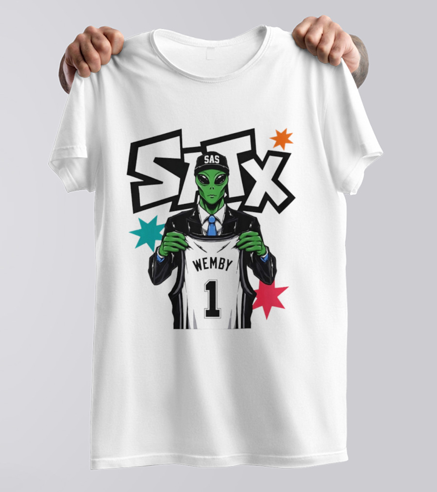 STX SAS Alien Wemby Holding Spurs Jersey Victor Wembanyama T-Shirt