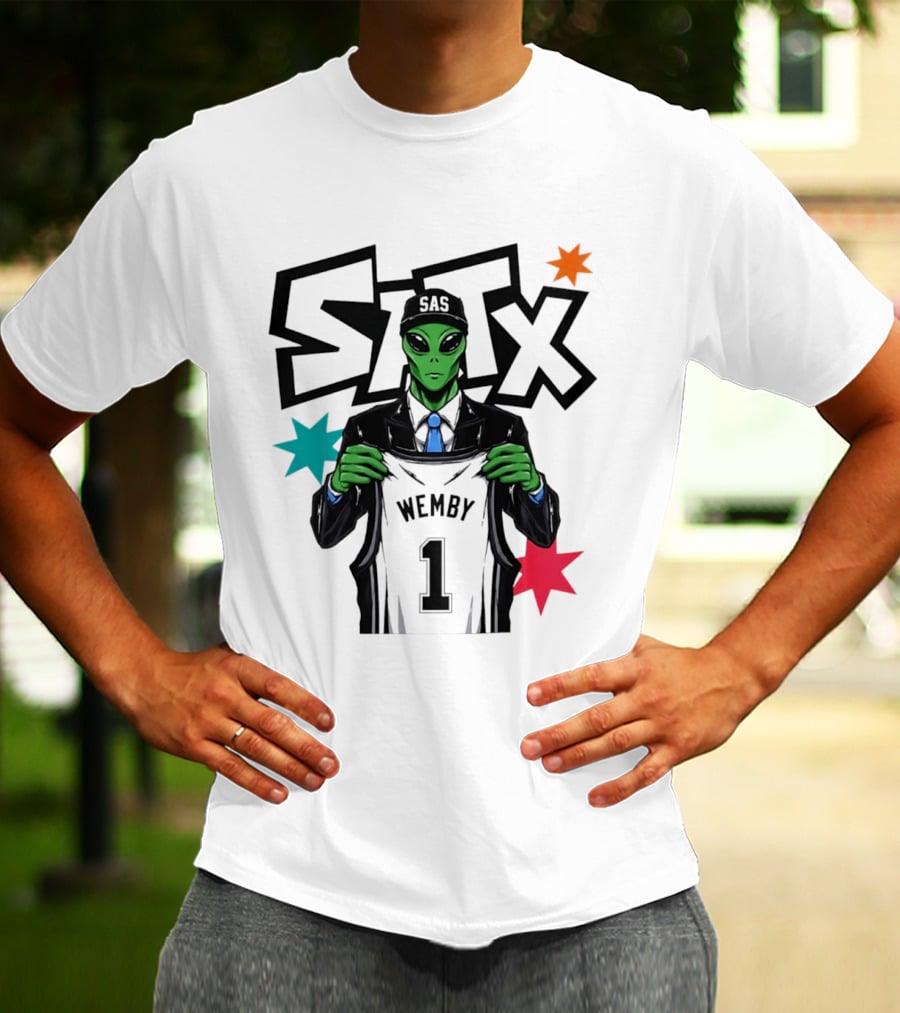 STX SAS Alien Wemby Holding Spurs Jersey Victor Wembanyama T-Shirt