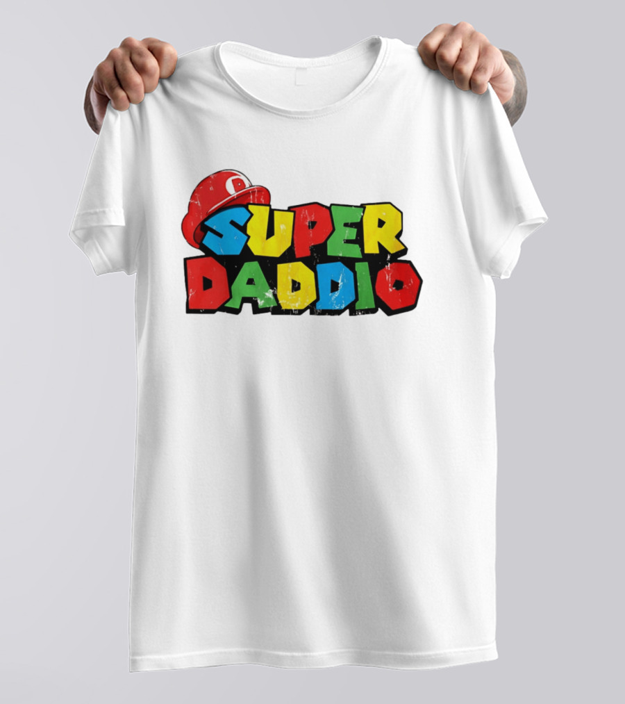 Super Daddio Mario Cartoon Colorful Text With Red Hat T-Shirt