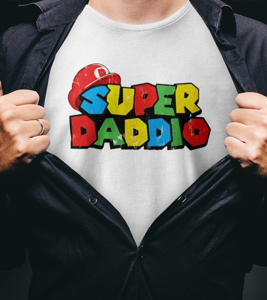Super Daddio Mario Cartoon Colorful Text With Red Hat T-Shirt