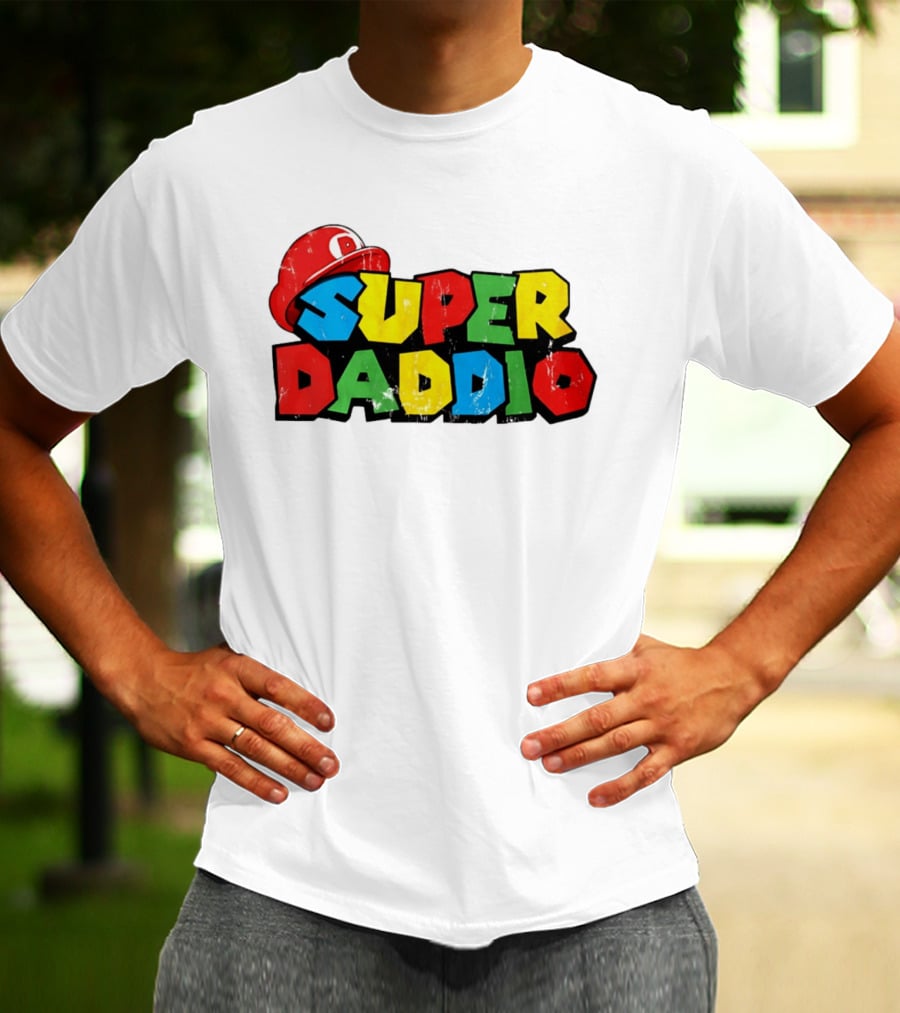 Super Daddio Mario Cartoon Colorful Text With Red Hat T-Shirt
