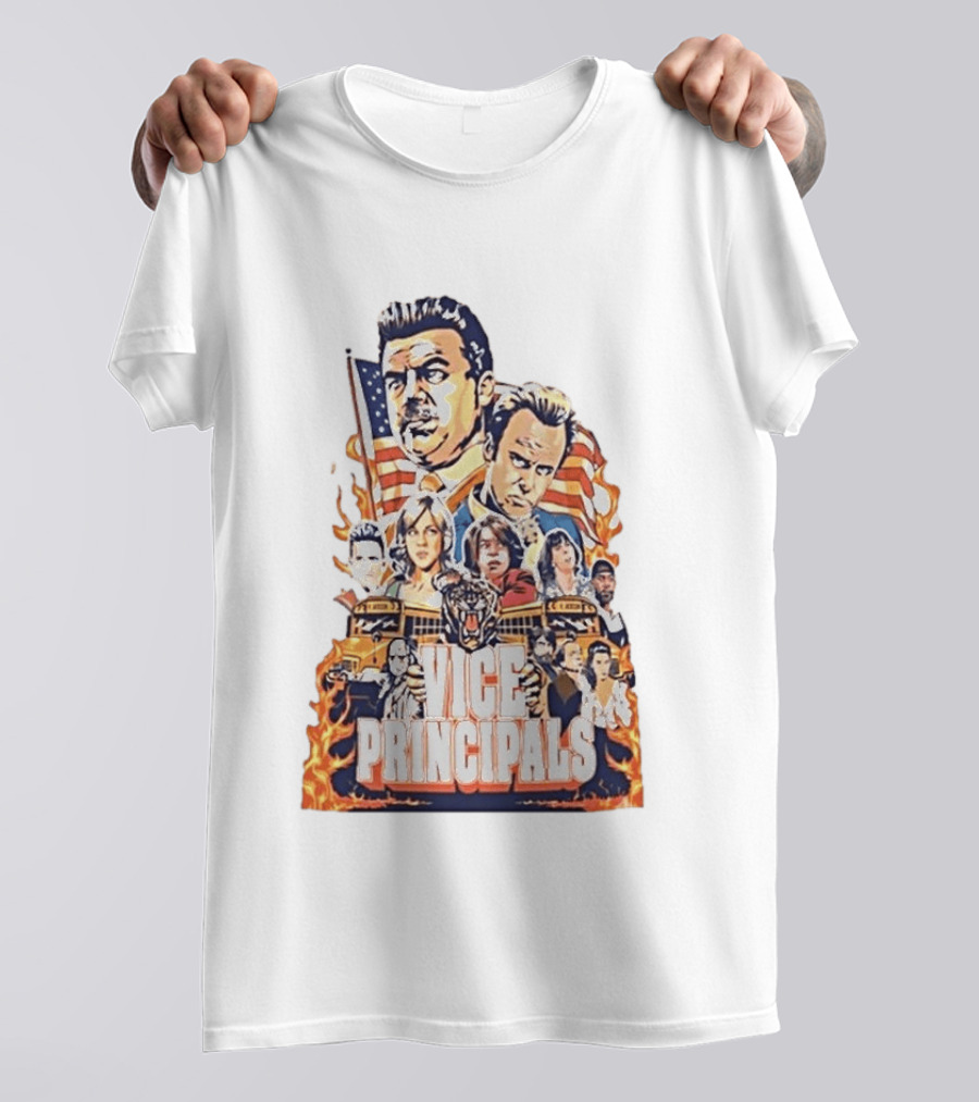 Vice Principals TV Show Cast Collage With School Bus And American Flag T-Shirt