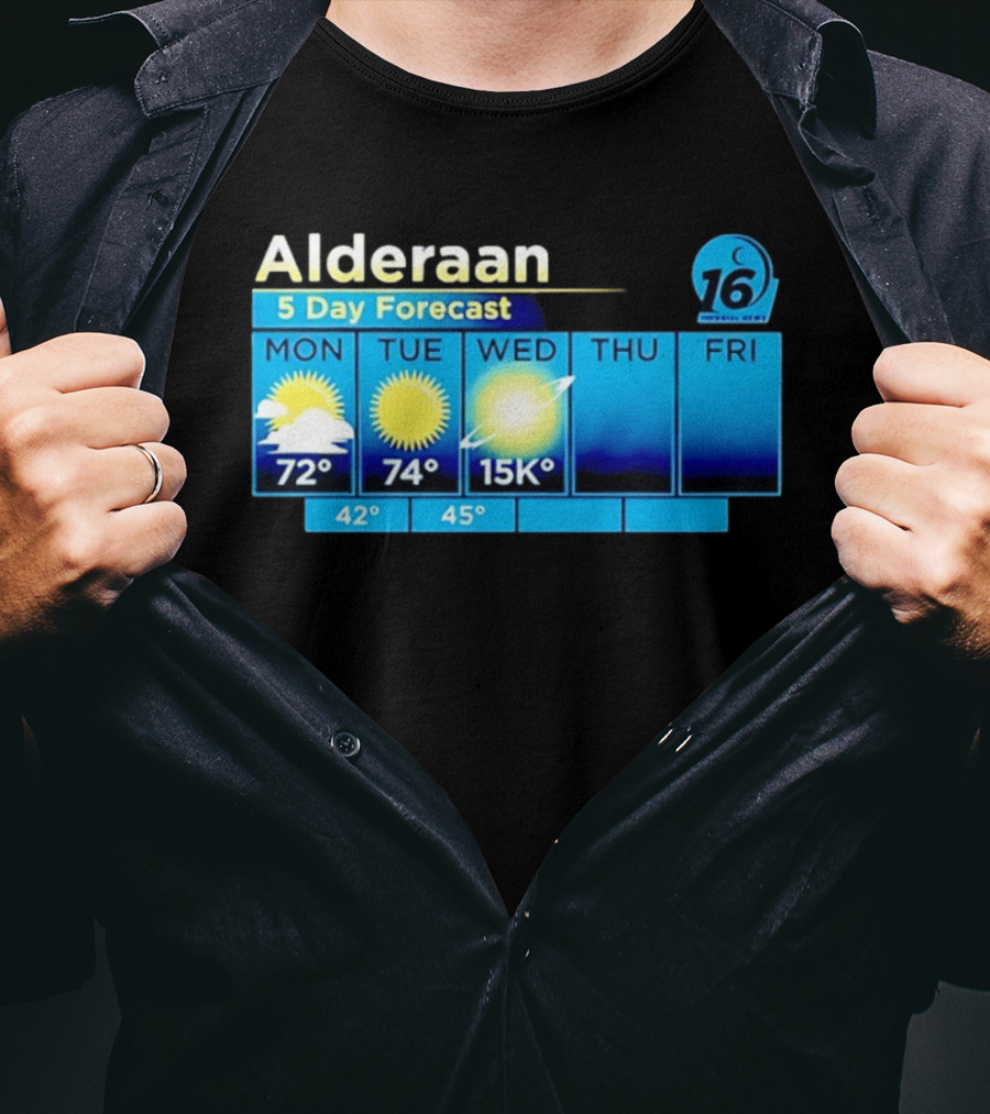 Alderaan 5 Day Forecast Weather Channel Sci Fi Parody 15K Degrees Mon Thu Fri T-Shirt