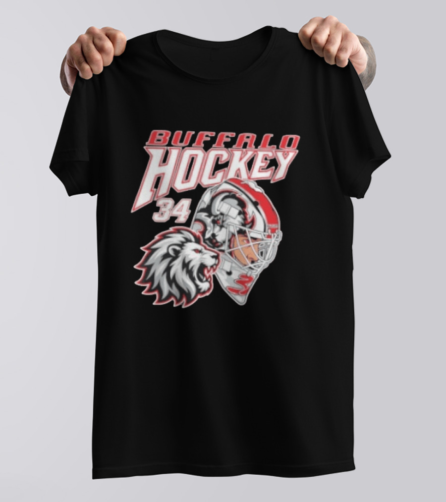 Buffalo Hockey 34 Alex Lyon Lion Graphic With Hockey Helmet T-Shirt
