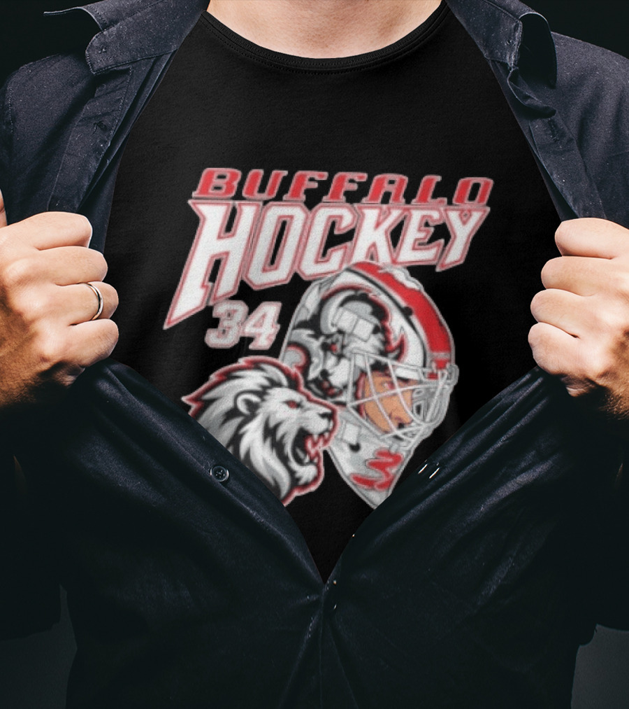 Buffalo Hockey 34 Alex Lyon Lion Graphic With Hockey Helmet T-Shirt