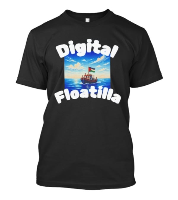 Digital Floatilla Boat With Flag On Ocean Waves T-Shirt