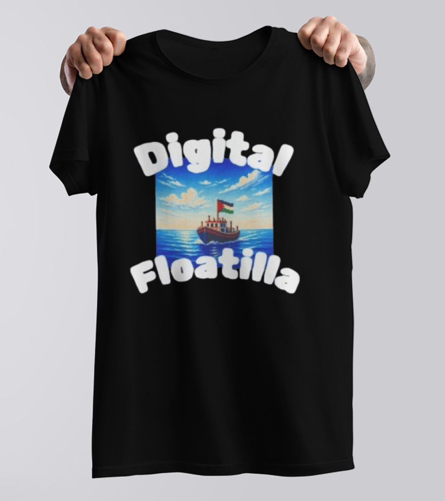Digital Floatilla Boat With Flag On Ocean Waves T-Shirt