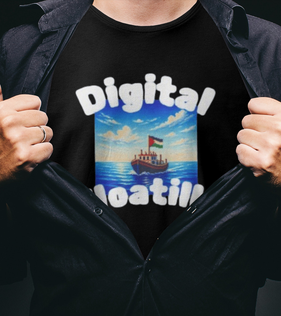 Digital Floatilla Boat With Flag On Ocean Waves T-Shirt