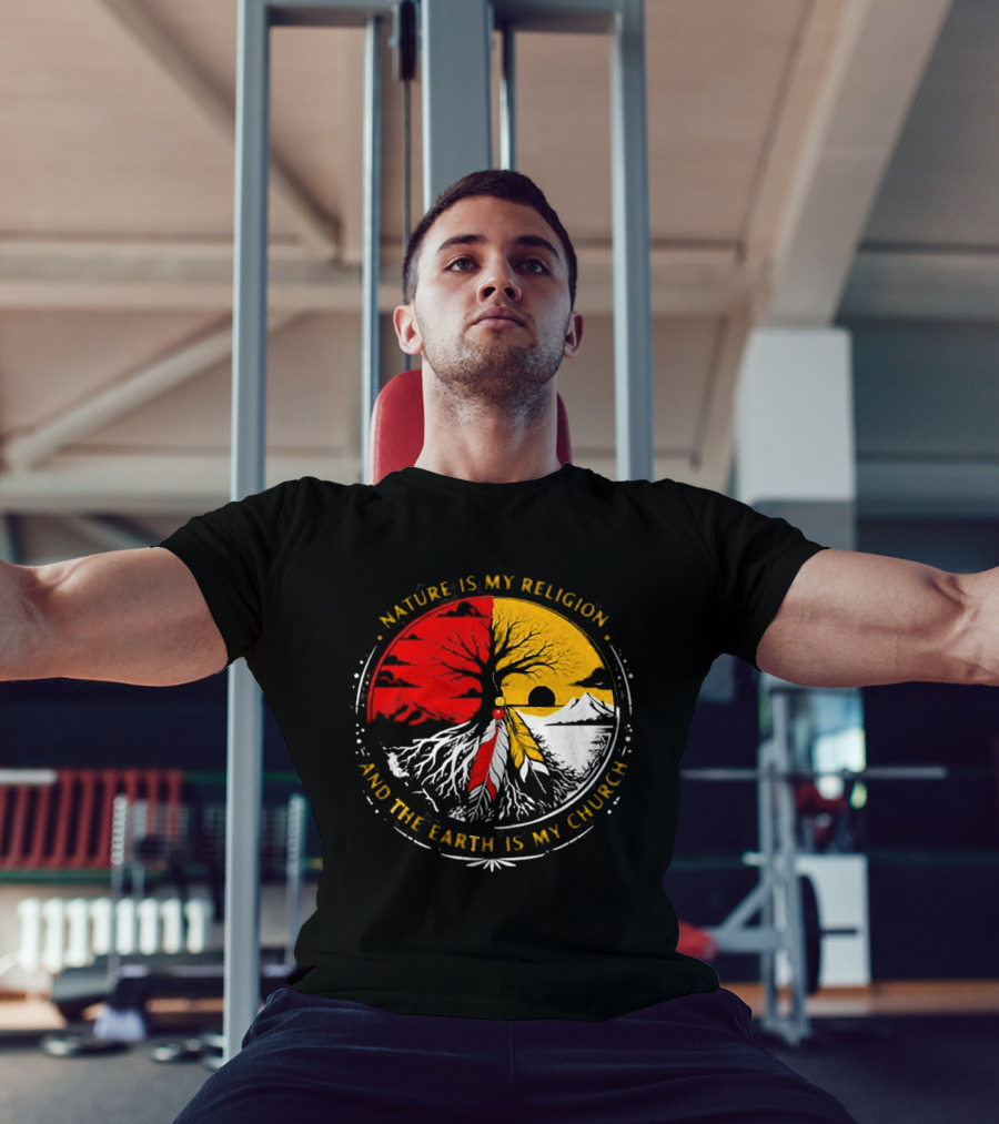 NATURE IS MY RELIGION AND THE EARTH IS MY CHURCH Tree Circle Red Yellow Feather T-Shirt