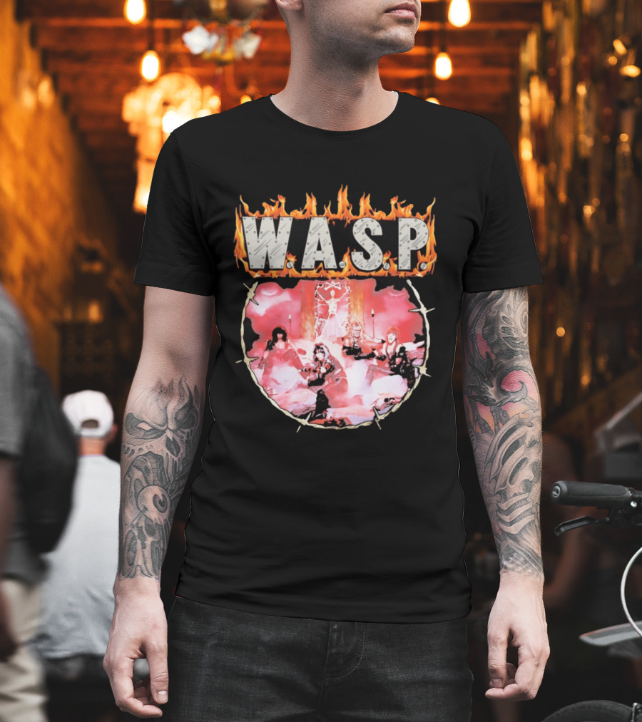 W.A.S.P. Band Fire With Group Photo And Flaming T-Shirt