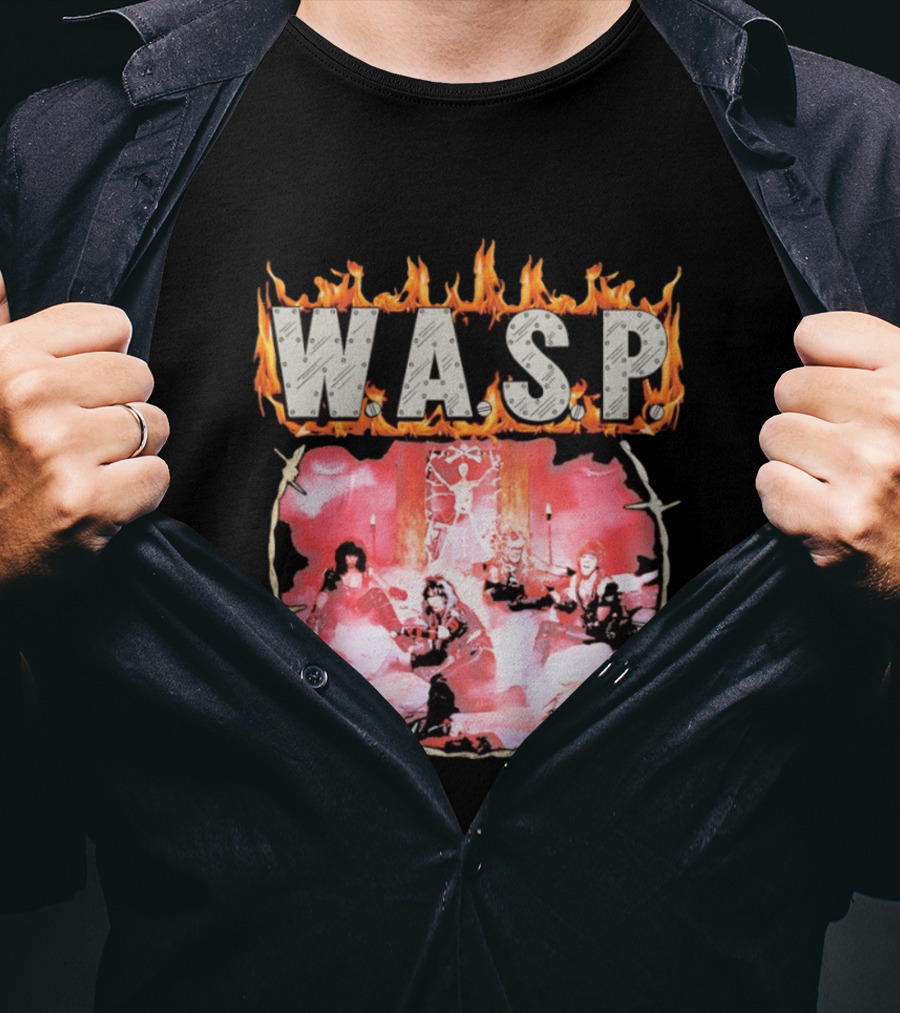 W.A.S.P. Band Fire With Group Photo And Flaming T-Shirt