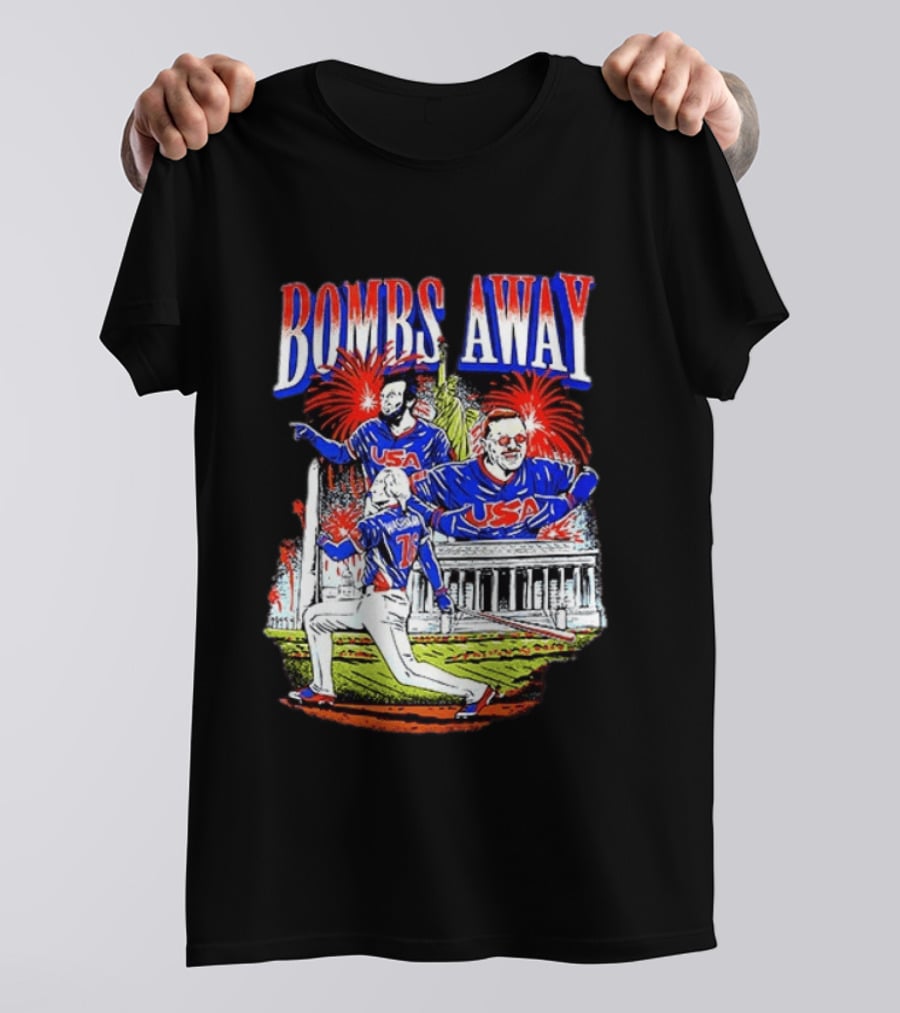 Bombs Away USA Firework Celebration And Baseball Scene T-Shirt