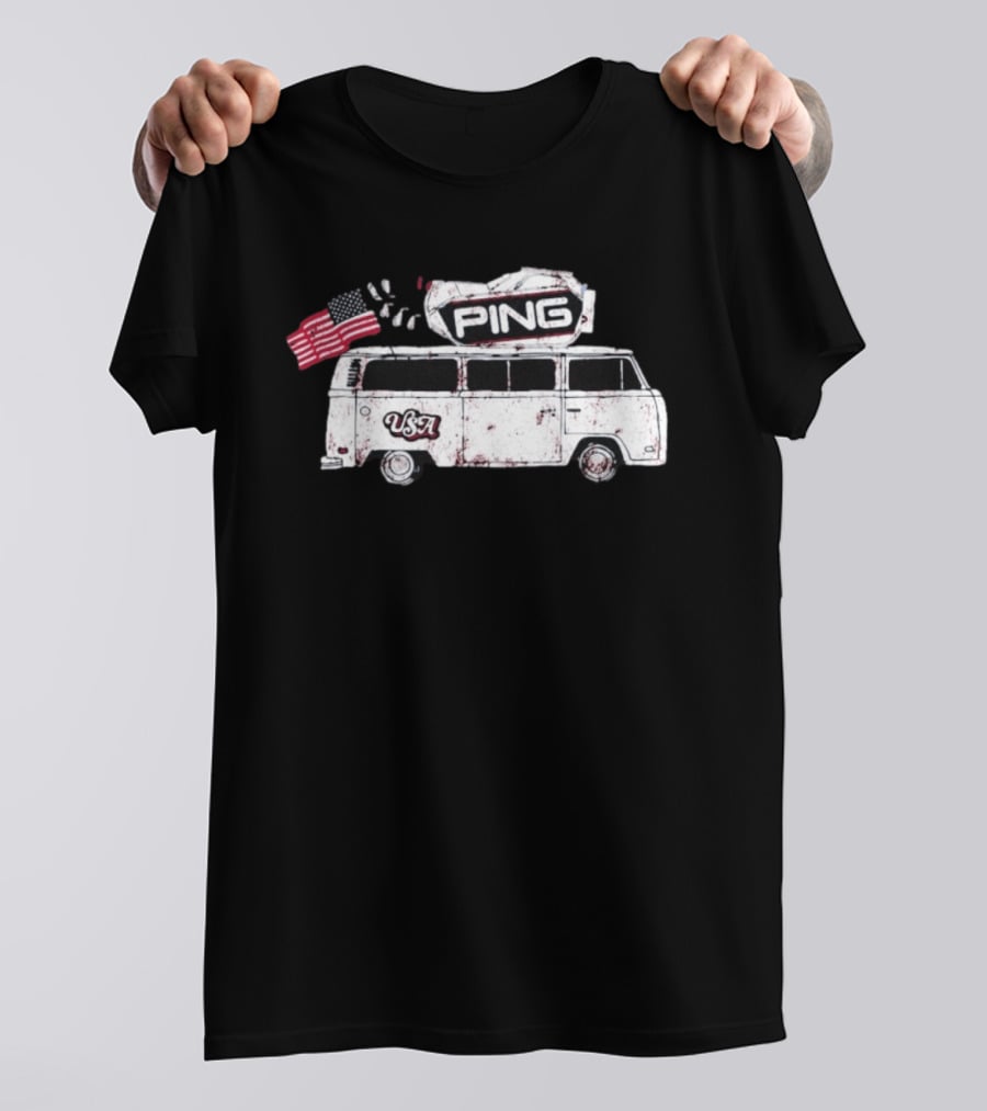 Ping USA Vintage Bus With American Flag And Surfboard T-Shirt