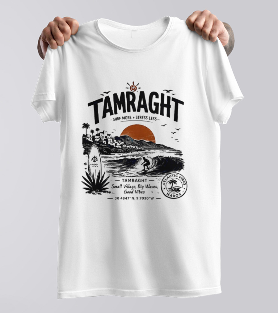 Tamraght Surf More Stress Less 2026 Sunset Palm Trees Good Vibes Agadir Coordinates T-Shirt