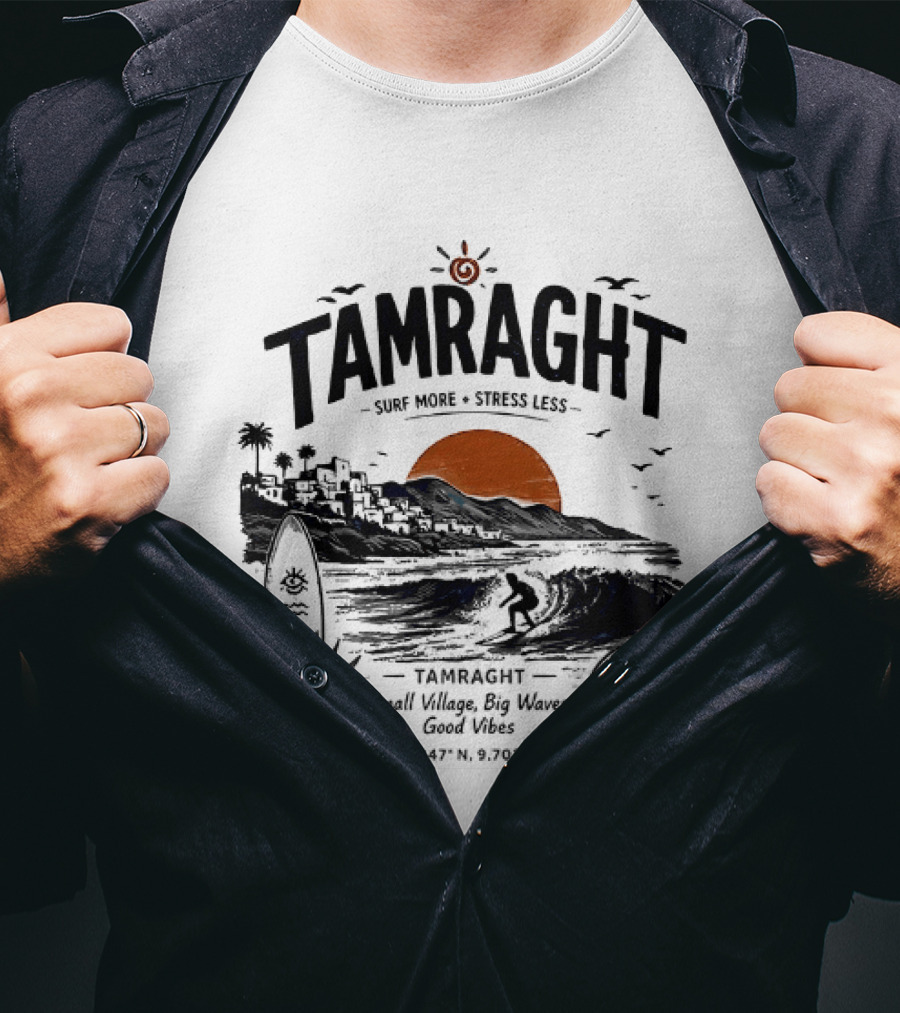 Tamraght Surf More Stress Less 2026 Sunset Palm Trees Good Vibes Agadir Coordinates T-Shirt