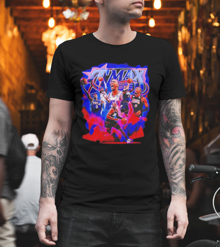 Tyrese Maxey MAX Philadelphia 76ers Basketball Action Montage T-Shirt