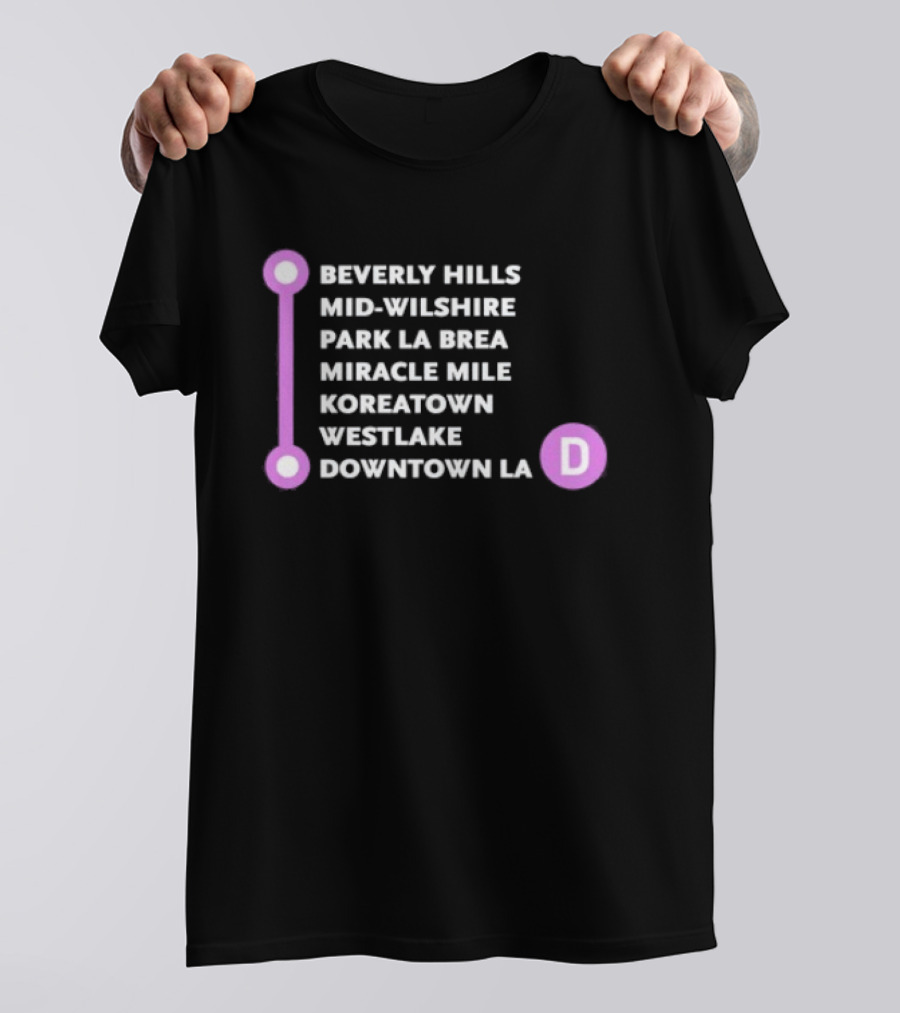 Beverly Hills Mid Wilshire Park La Brea Miracle Mile Koreatown Westlake Downtown LA D Map Purple Circle Route T-Shirt