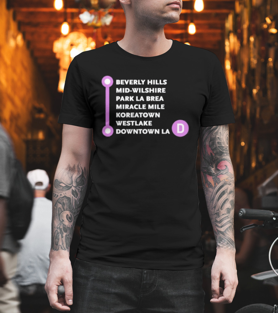 Beverly Hills Mid Wilshire Park La Brea Miracle Mile Koreatown Westlake Downtown LA D Map Purple Circle Route T-Shirt
