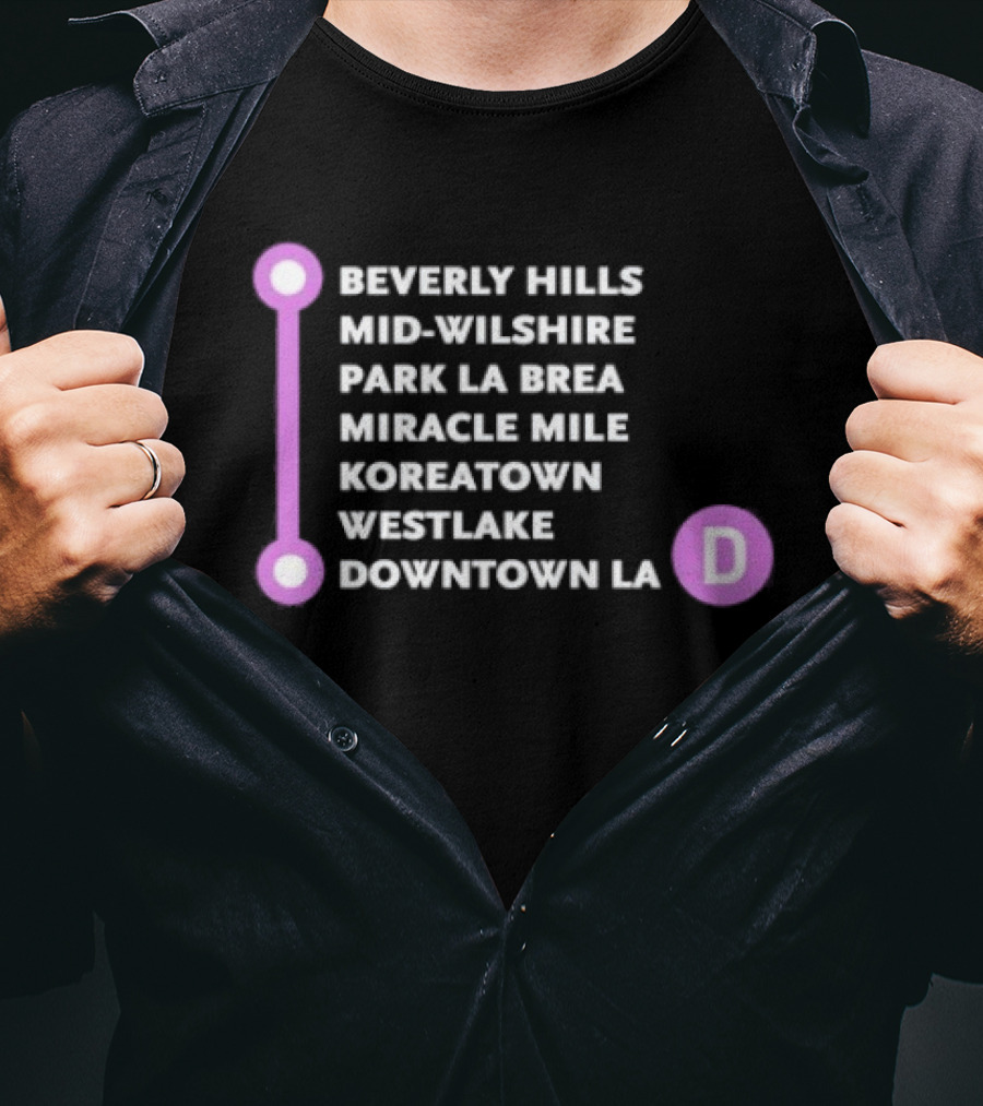 Beverly Hills Mid Wilshire Park La Brea Miracle Mile Koreatown Westlake Downtown LA D Map Purple Circle Route T-Shirt