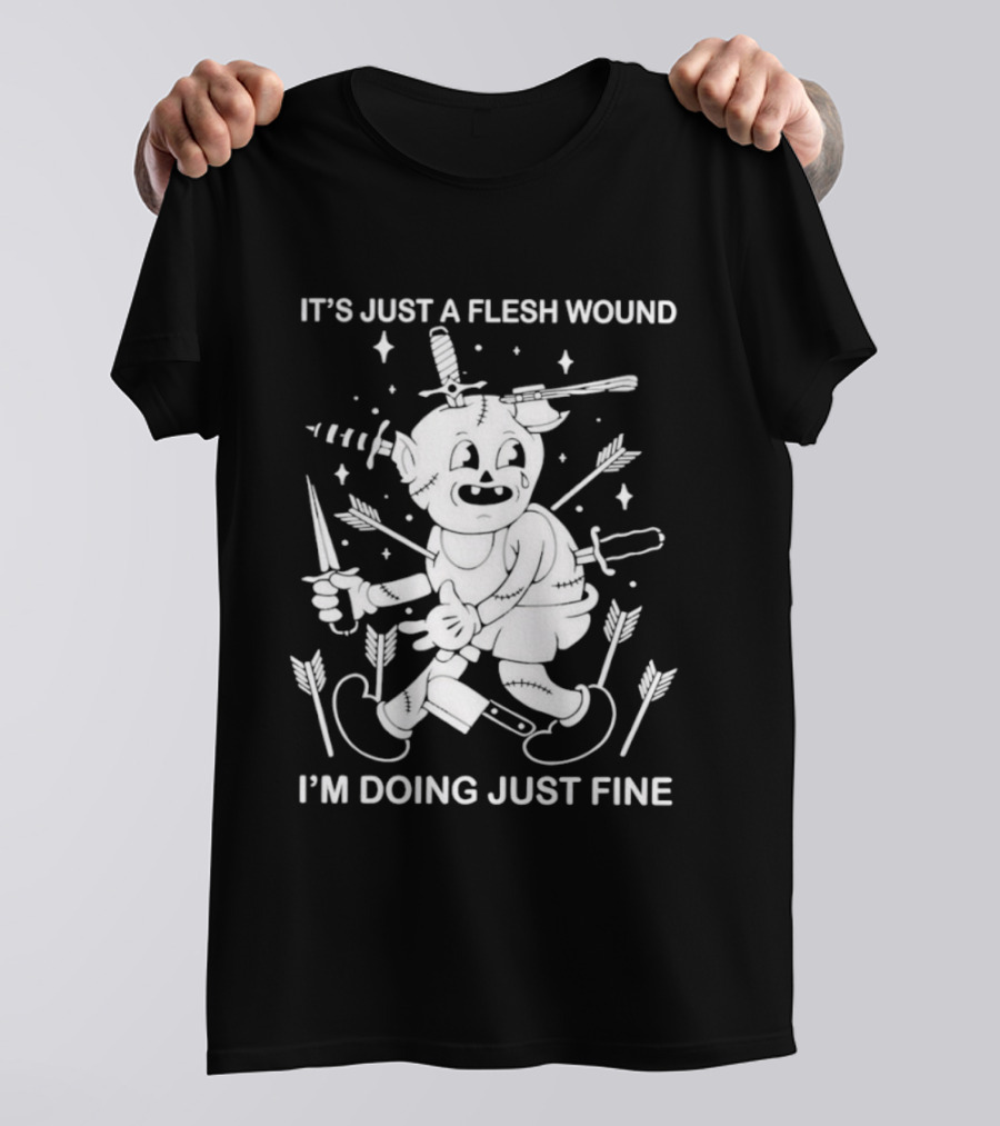 I'm Doing Just Fine It's Just A Flesh Wound Cartoon Character With Arrows And Knives T-Shirt