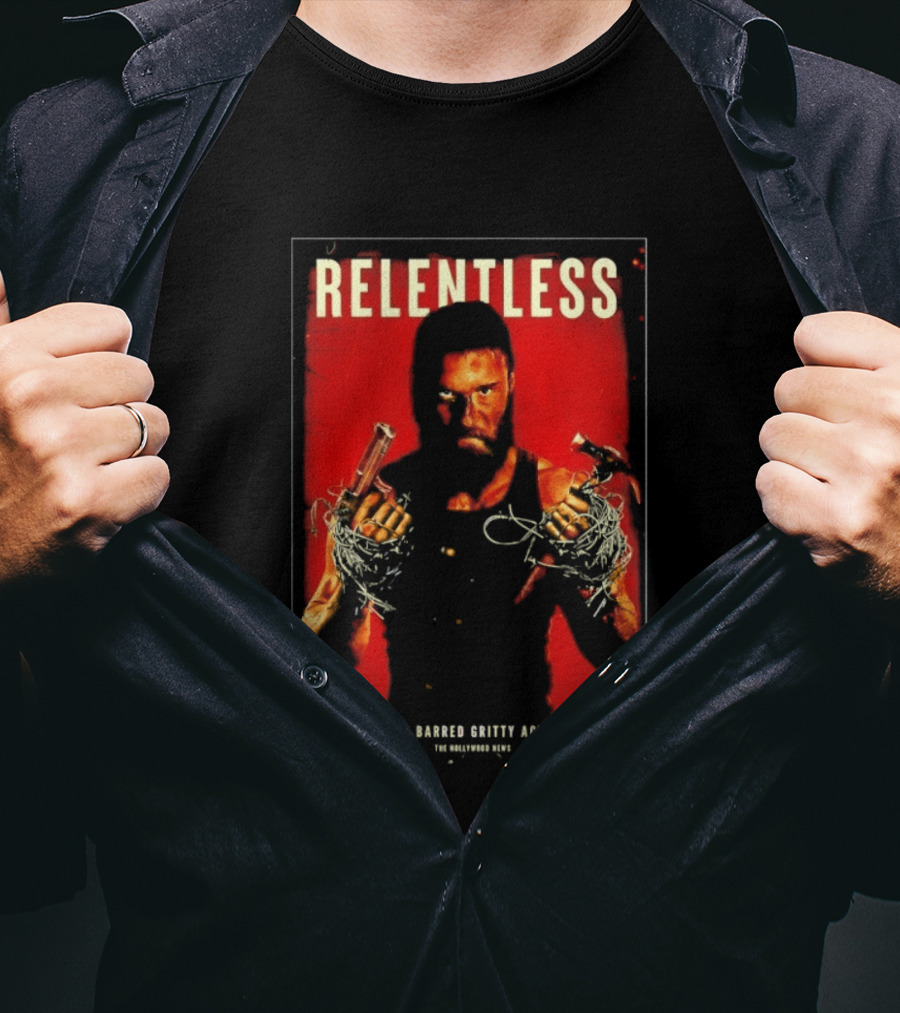 Relentless A No Holds Barred Gritty Action Film Guns Intense Stare Red T-Shirt