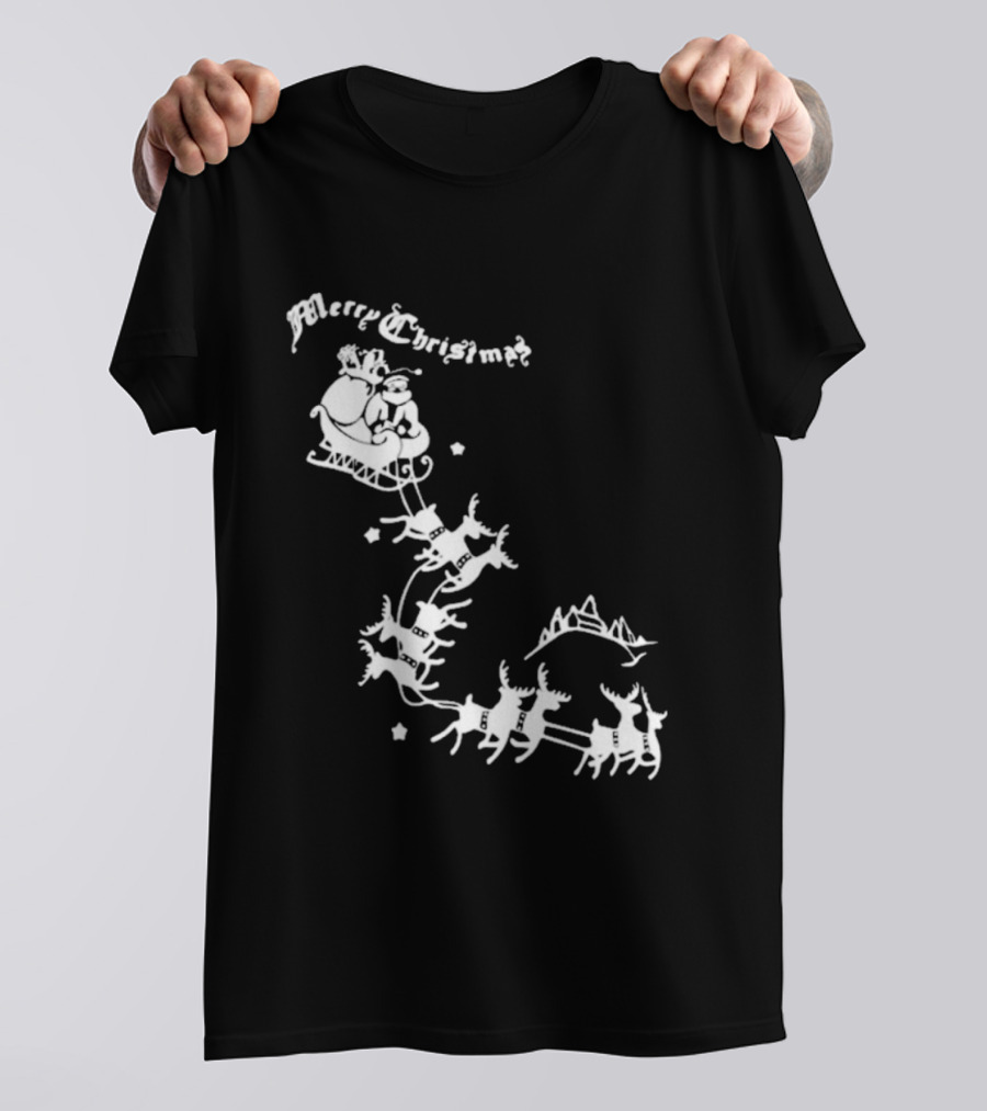 Merry Christmas Santa Sleigh Reindeer In Night Sky With Mountains Isla Gordon T-Shirt