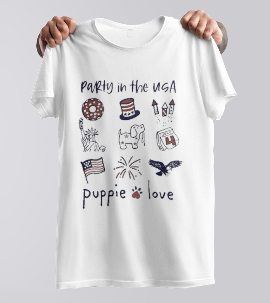 Party In The USA Puppie Love Patriotic Symbols Fireworks Hat Flag T-Shirt