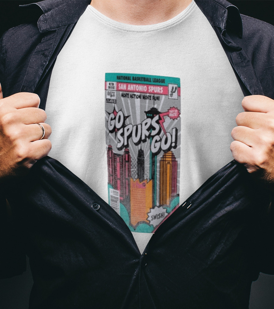 National Basketball League San Antonio Spurs Go Spurs Go Comic Cover Style Swish Back In Black T-Shirt