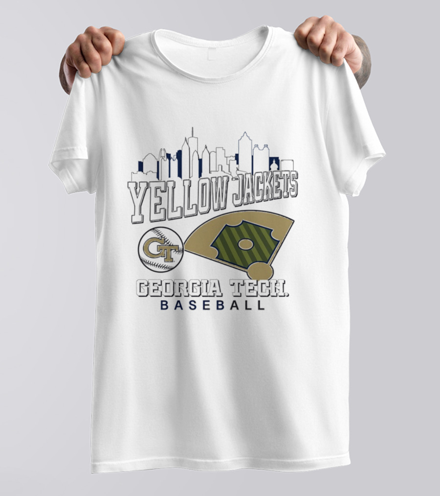 Georgia Tech Yellow Jackets Baseball City Skyline With GT Emblem And Field T-Shirt