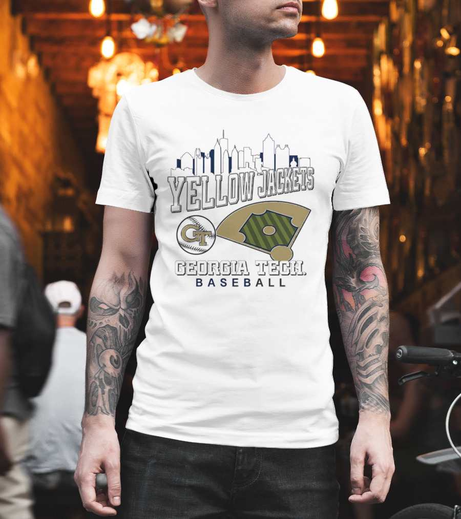 Georgia Tech Yellow Jackets Baseball City Skyline With GT Emblem And Field T-Shirt