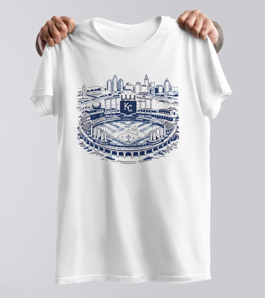 Kansas City Royals Kauffman Stadium Skyline Art Baseball Scene T-Shirt
