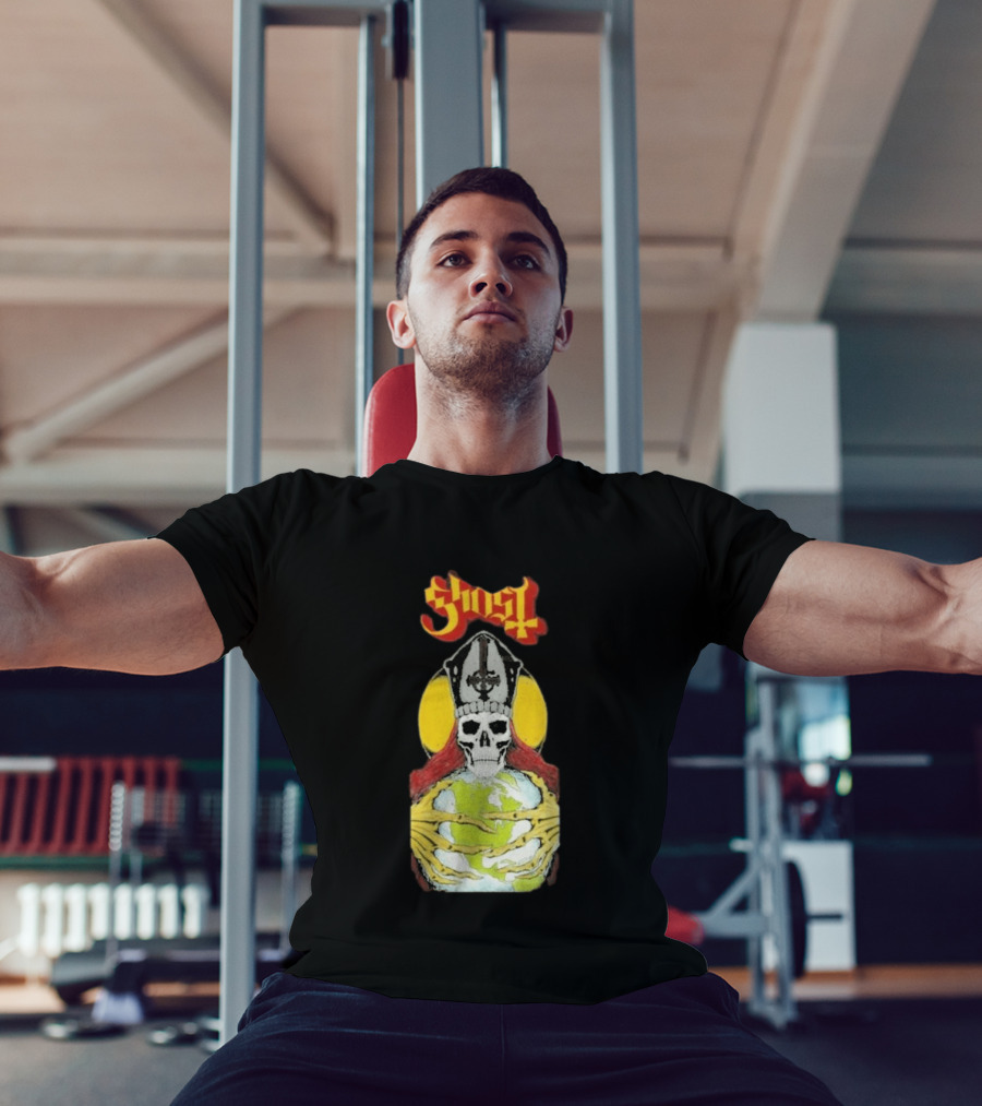 Ghost Skeleton Bishop Holding Earth Iconic Twisted Thread Ceremony T-Shirt