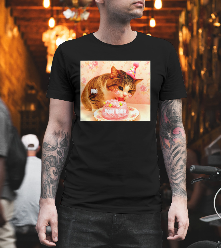 Me Your Balls Cat Eating Cake Party Hat T-Shirt