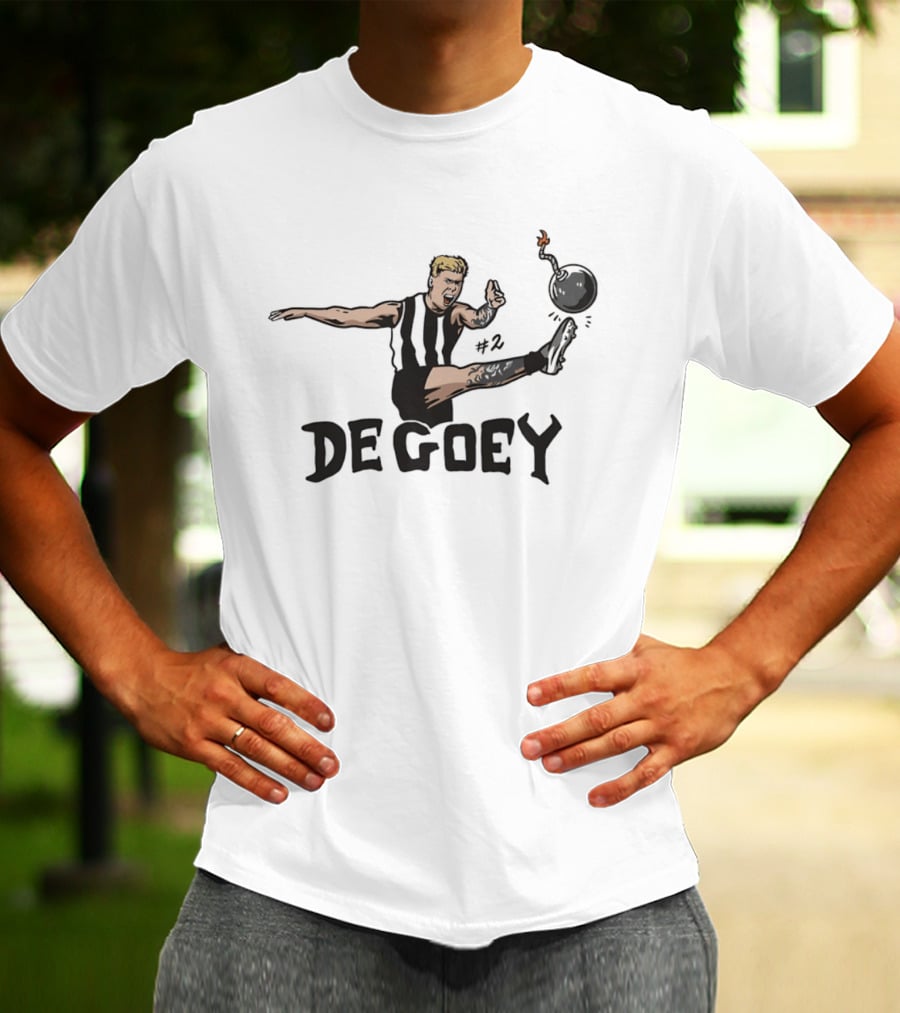 Jordan De Goey Number 2 Kicking Bomb Collingwood Magpies T-Shirt
