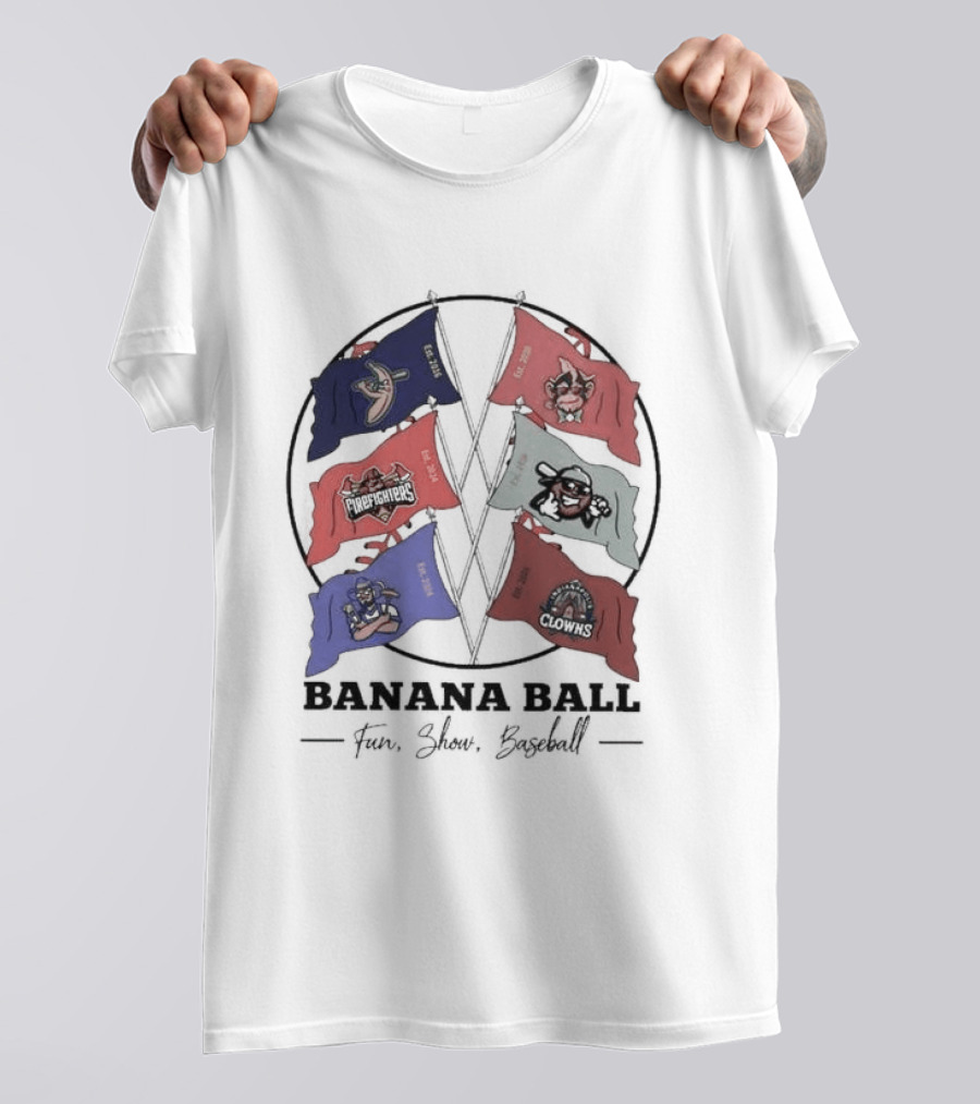 Banana Ball Fun Show Baseball Red And Blue Flags 2026 T-Shirt