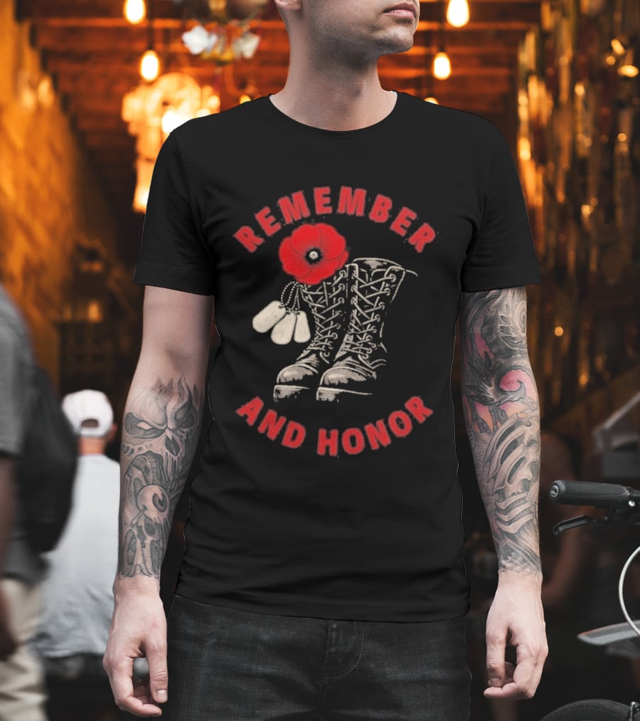 Memorial Day Remember And Honor Poppy Flower Military Boots T-Shirt