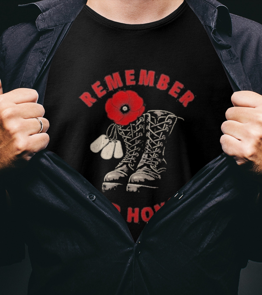 Memorial Day Remember And Honor Poppy Flower Military Boots T-Shirt