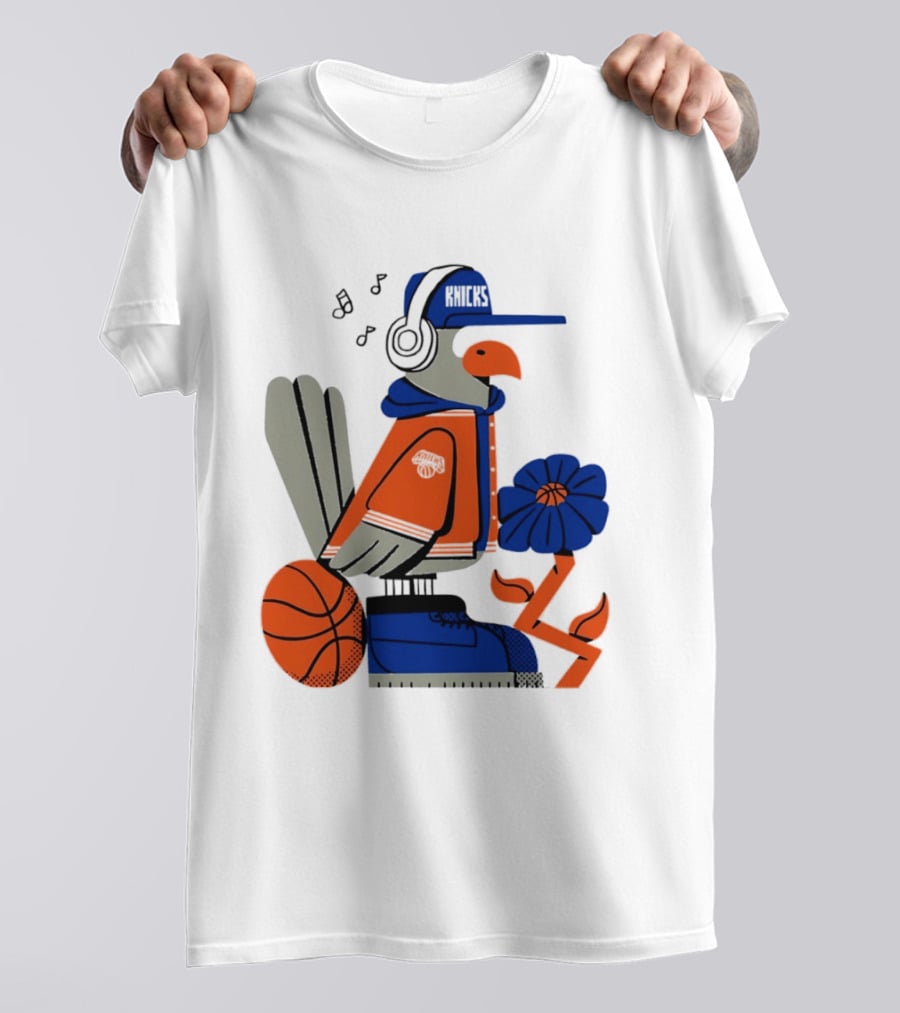 New York Knicks Bird Cap Headphones Basketball Flower T-Shirt