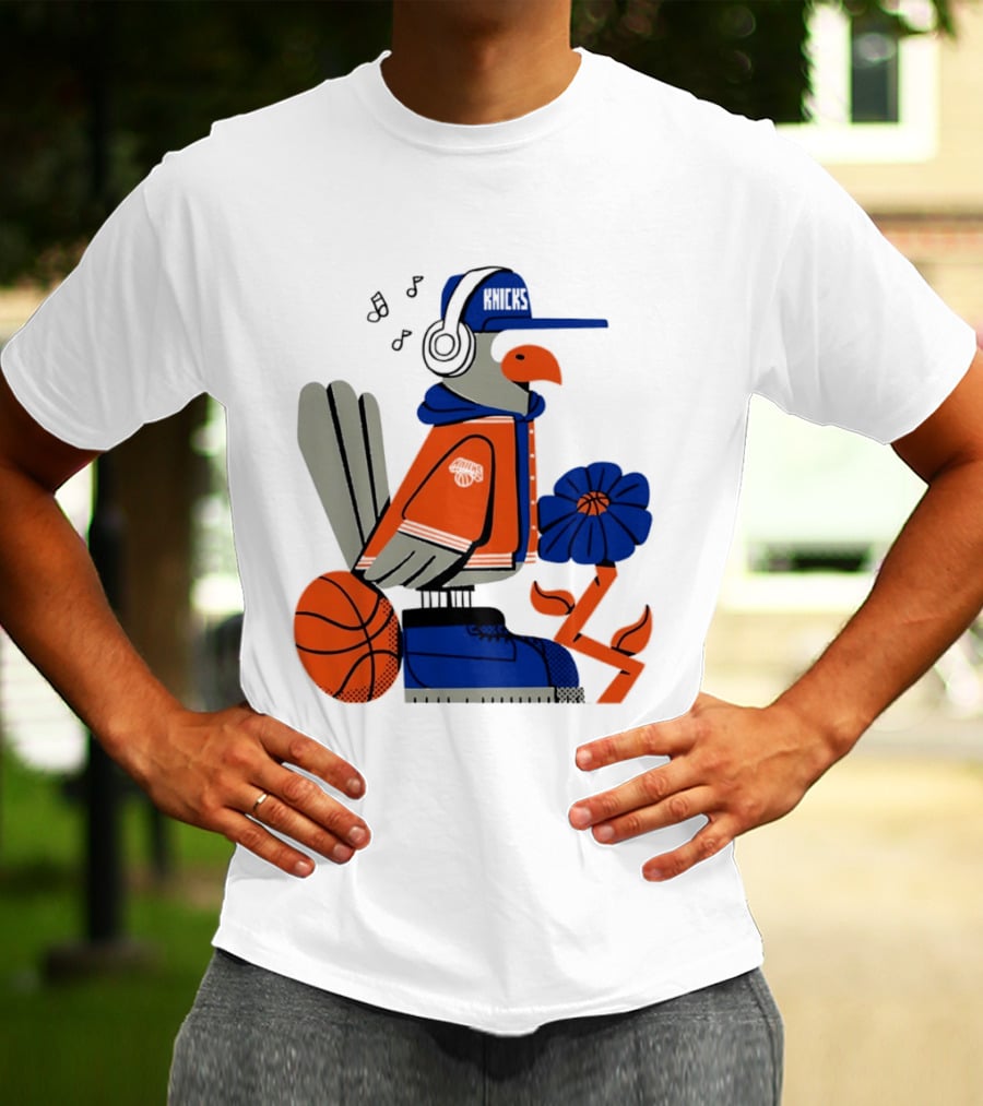 New York Knicks Bird Cap Headphones Basketball Flower T-Shirt