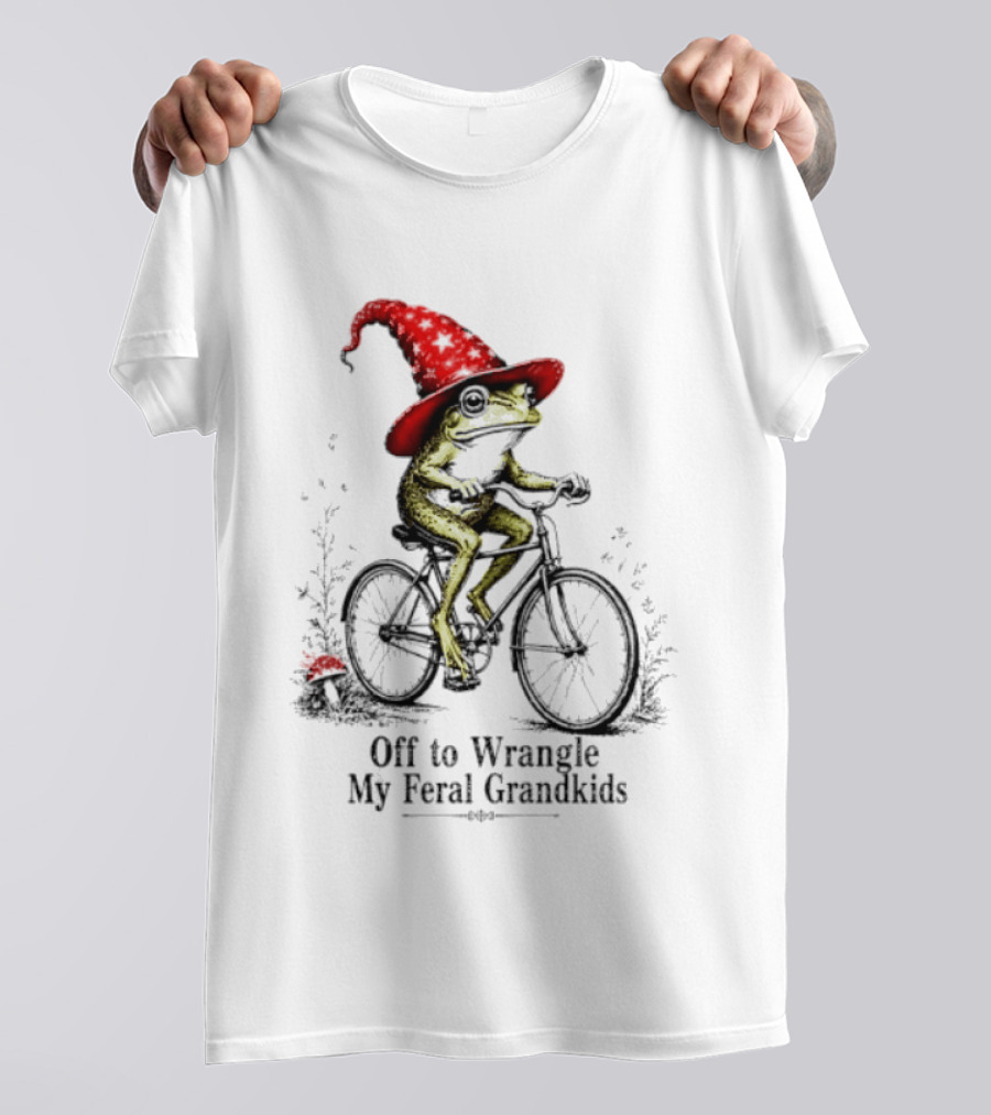 Off To Wrangle My Feral Grandkids Wizard Frog On Bicycle With Red Hat T-Shirt