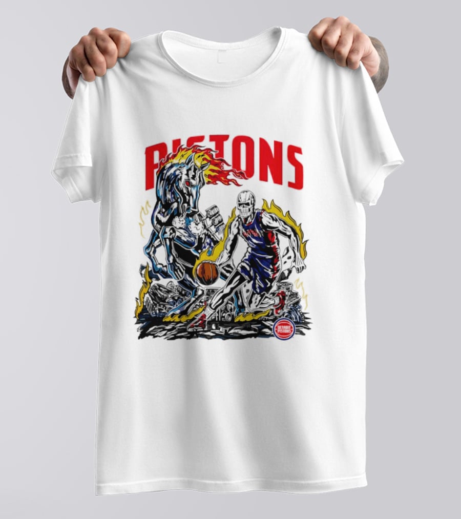 Detroit Pistons Skull Basketball Horse Flames Robot T-Shirt